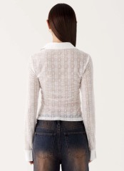 Personalized Women's White Sheer Geometric Lace Button-Down Blouse – Long Sleeve Classic Collar Shirt
