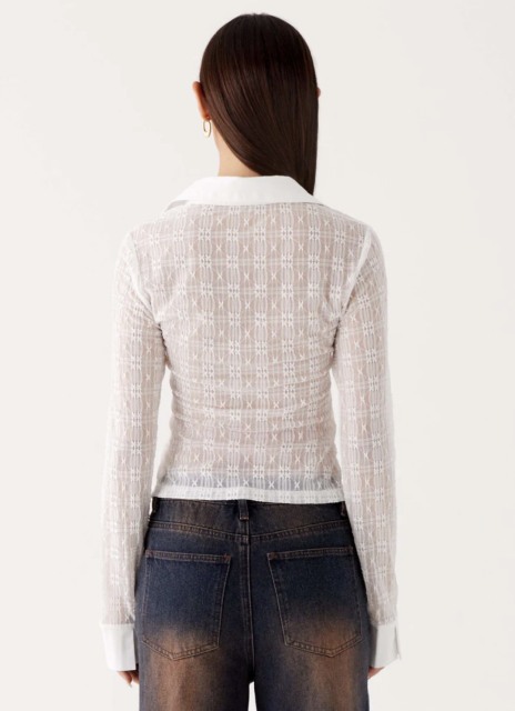 Personalized Women's White Sheer Geometric Lace Button-Down Blouse – Long Sleeve Classic Collar Shirt
