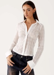 Personalized Women's White Sheer Geometric Lace Button-Down Blouse – Long Sleeve Classic Collar Shirt