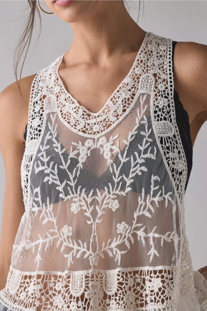 Factory Direct Vintage-Inspired Embroidered Lace Mesh Top