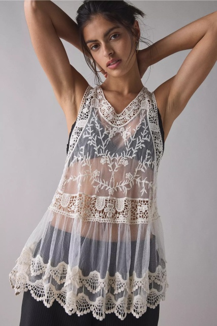 Factory Direct Vintage-Inspired Embroidered Lace Mesh Top