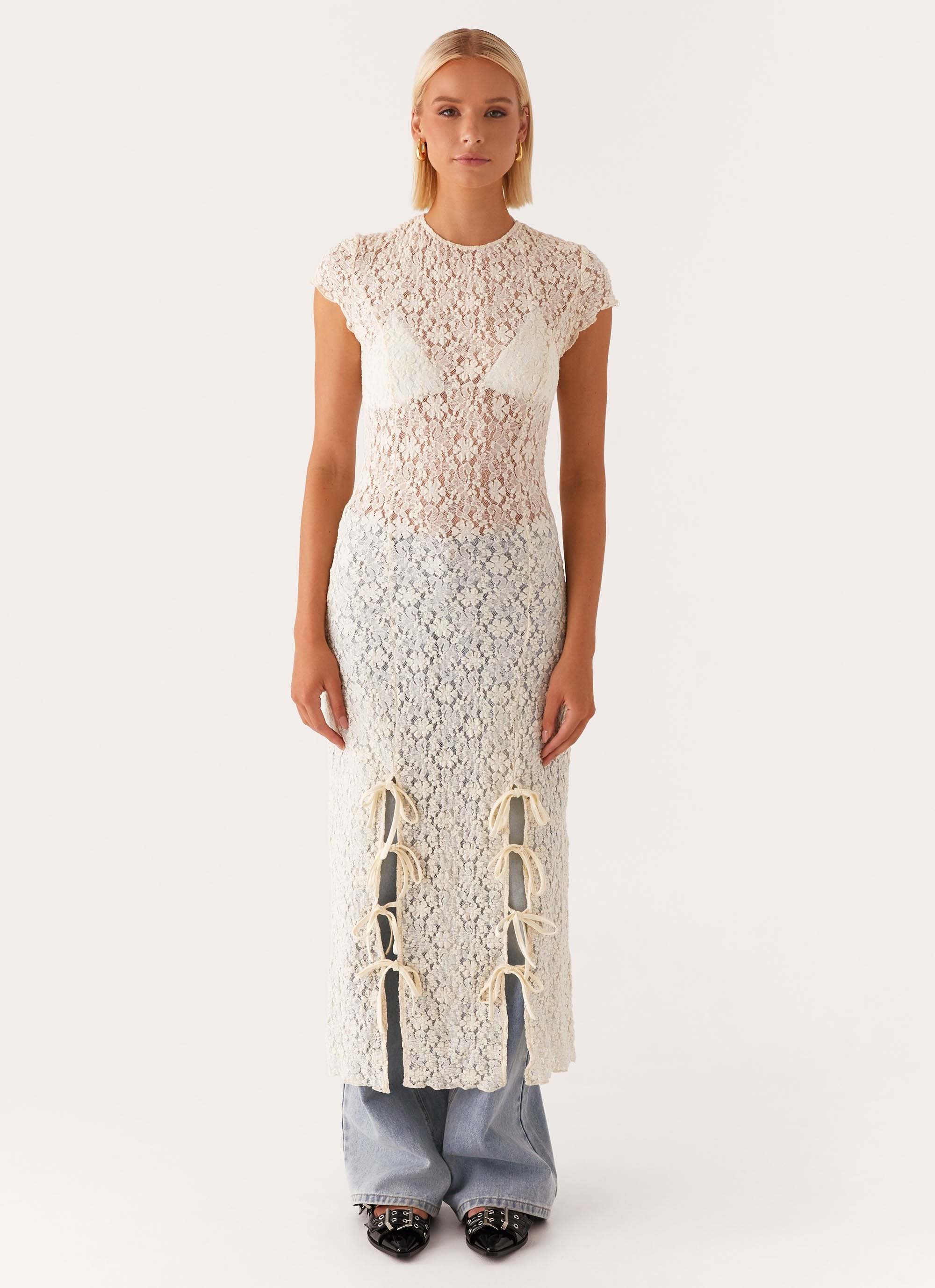 Personalized Vintage-Inspired Sheer Lace Overlay Dress with Side Bows