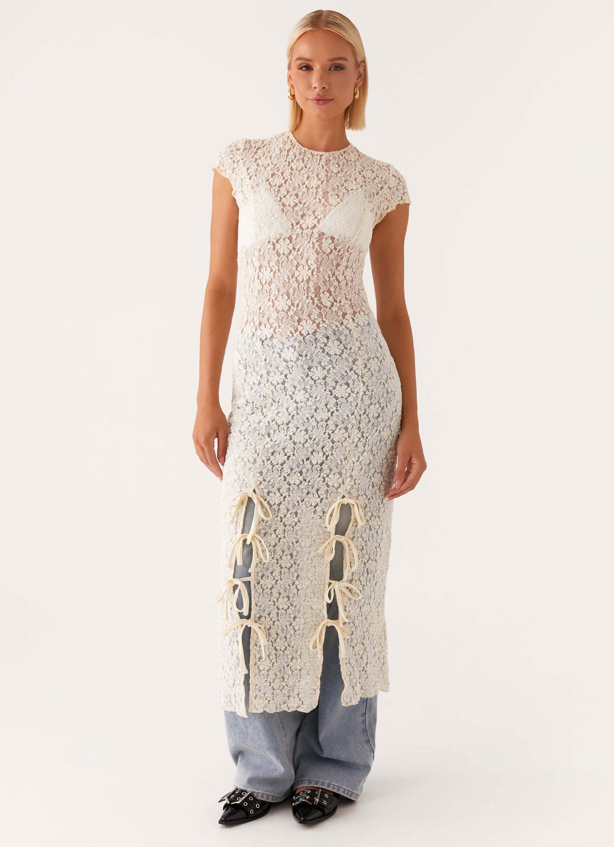 Personalized Vintage-Inspired Sheer Lace Overlay Dress with Side Bows