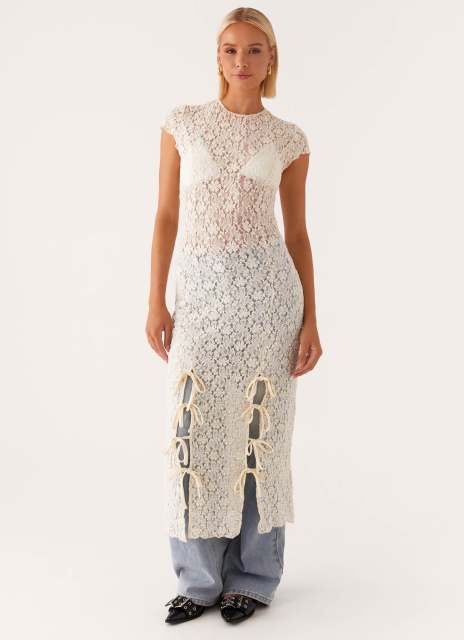 Personalized Vintage-Inspired Sheer Lace Overlay Dress with Side Bows
