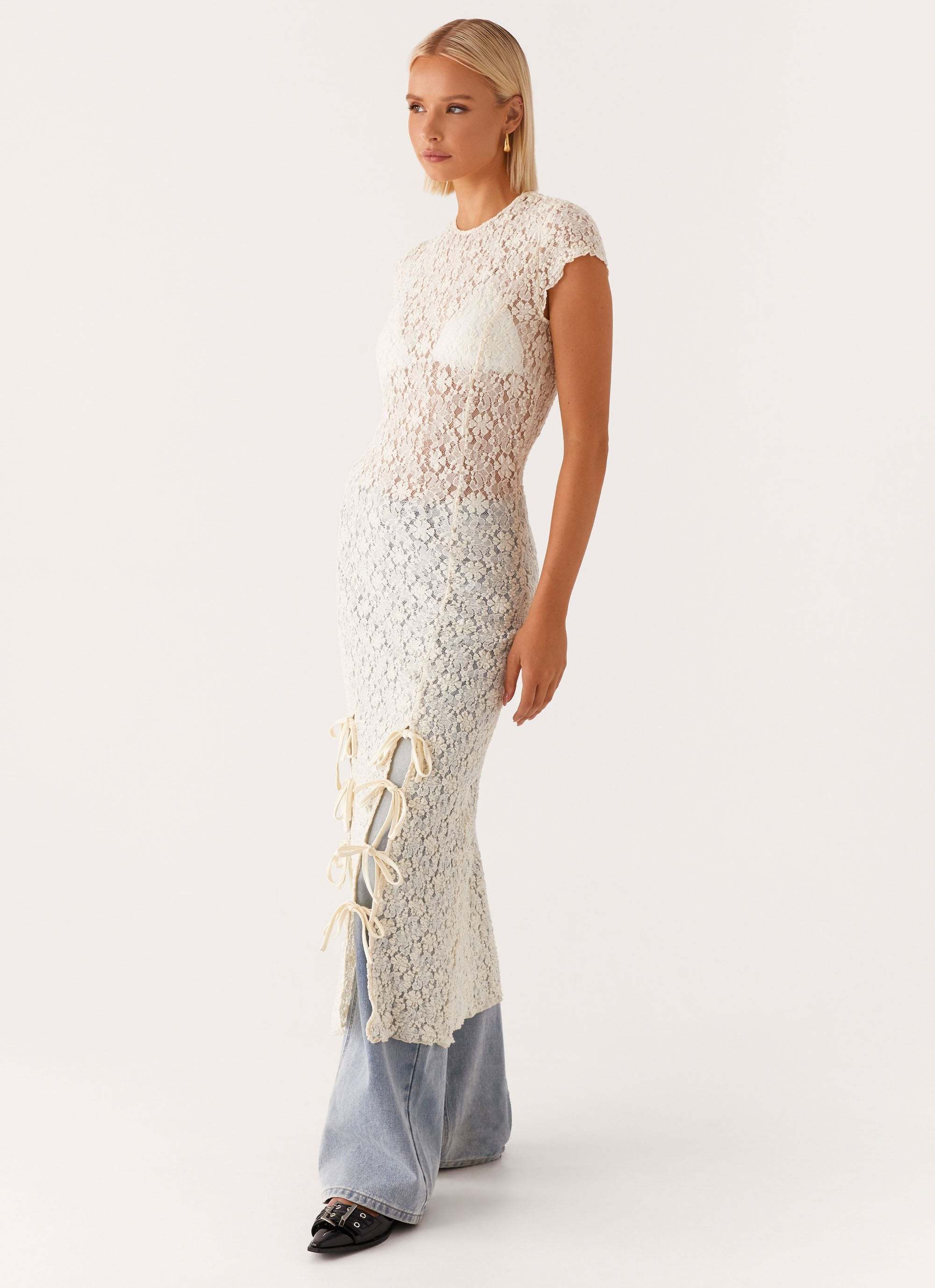 Personalized Vintage-Inspired Sheer Lace Overlay Dress with Side Bows