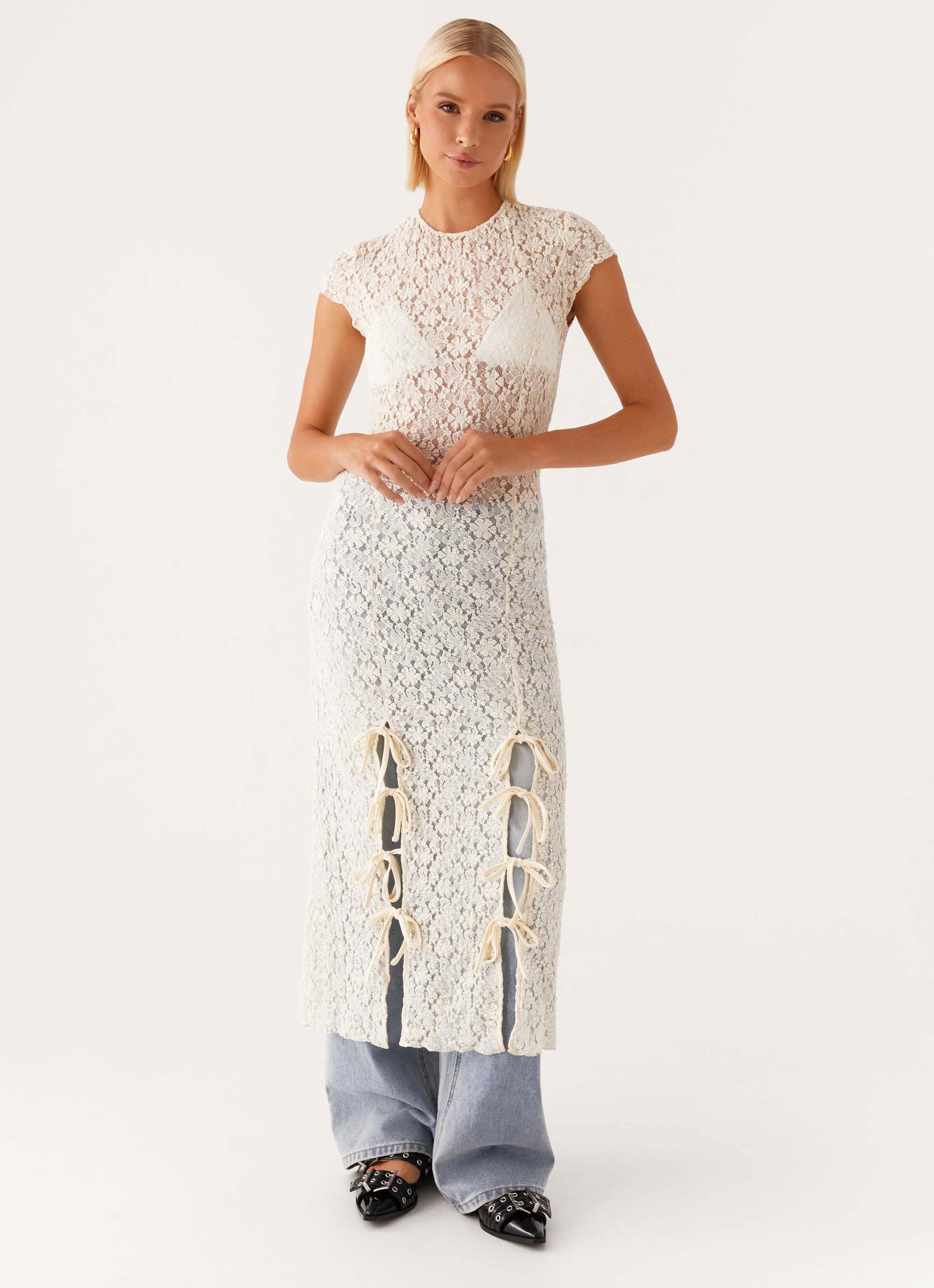 Personalized Vintage-Inspired Sheer Lace Overlay Dress with Side Bows