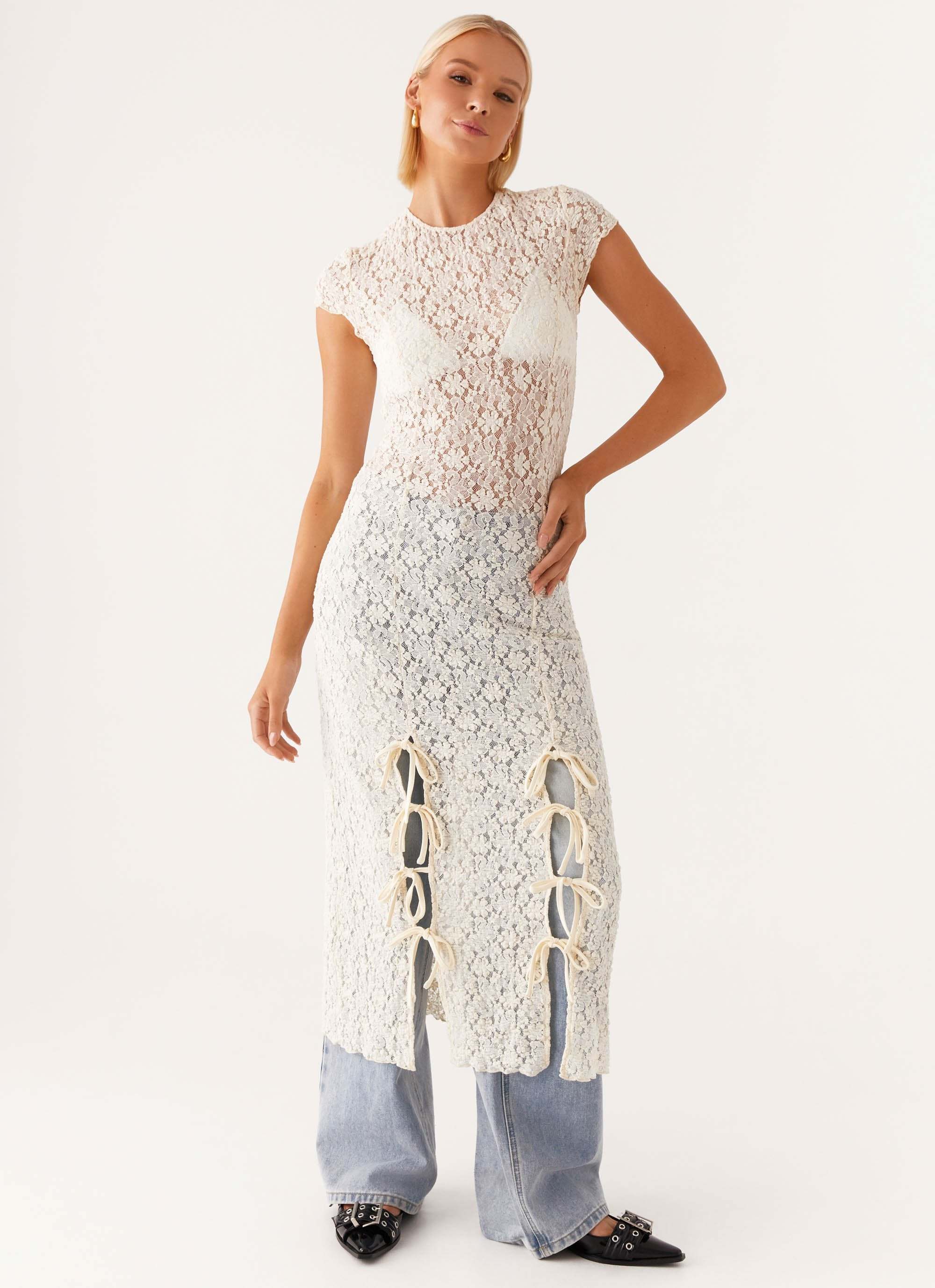 Personalized Vintage-Inspired Sheer Lace Overlay Dress with Side Bows