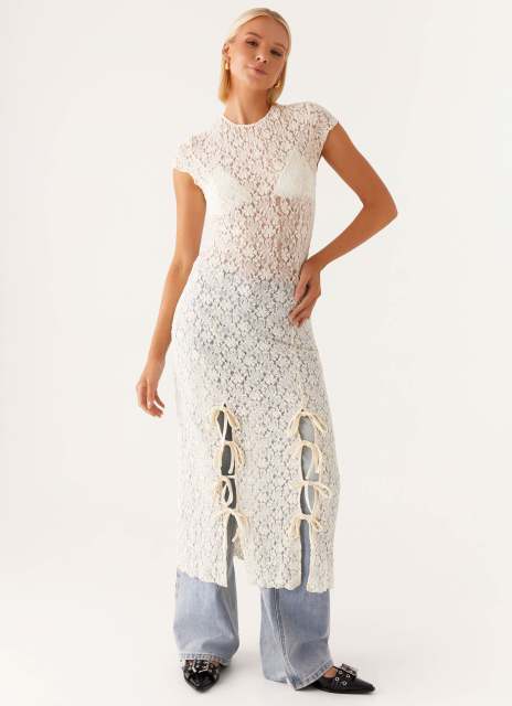 Personalized Vintage-Inspired Sheer Lace Overlay Dress with Side Bows