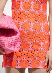 Custom Design Retro Floral Crochet Mini Dress in Tangerine and Fuchsia