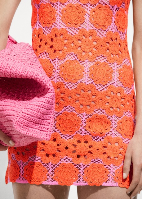 Custom Design Retro Floral Crochet Mini Dress in Tangerine and Fuchsia
