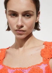 Custom Design Retro Floral Crochet Mini Dress in Tangerine and Fuchsia
