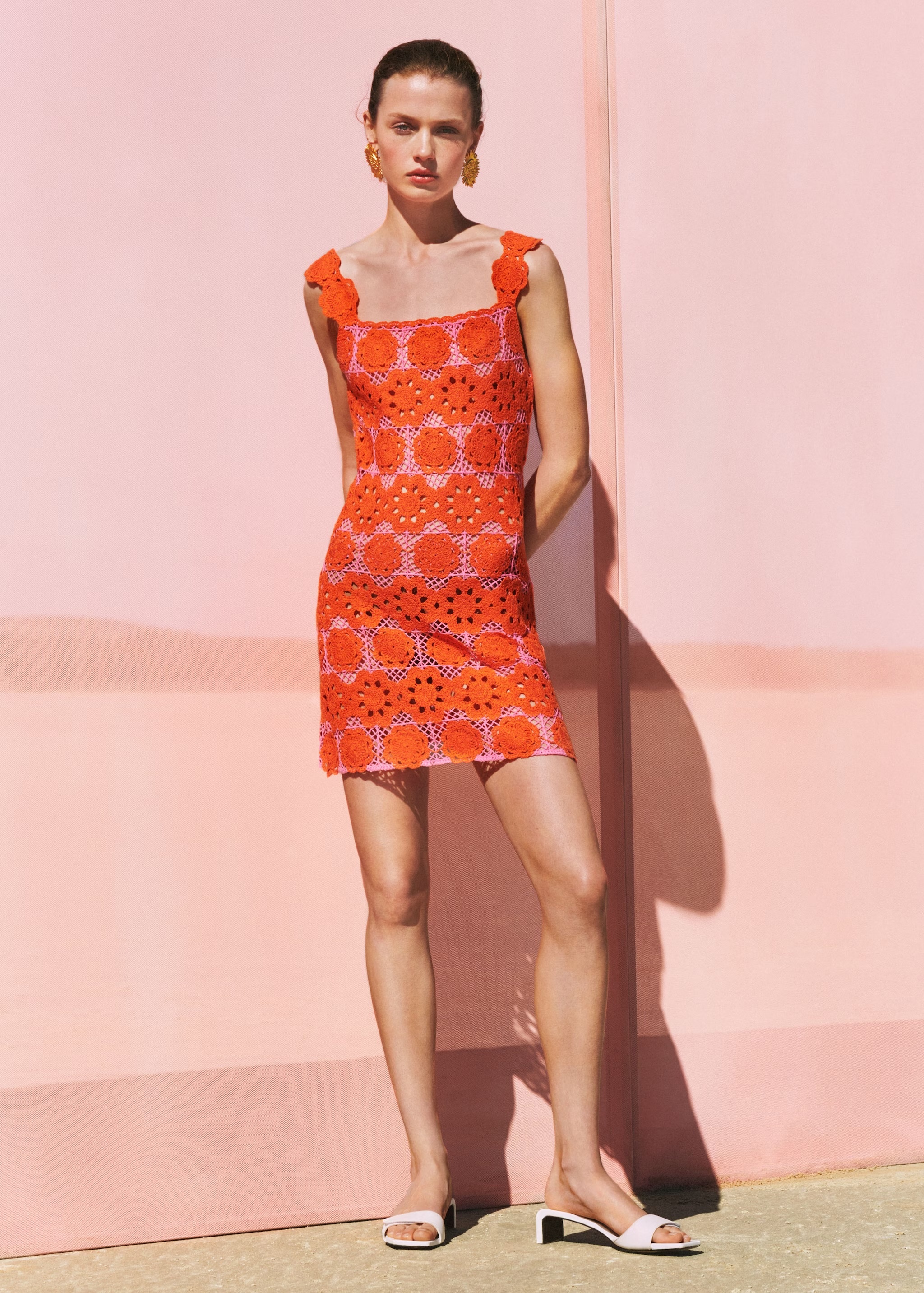 Custom Design Retro Floral Crochet Mini Dress in Tangerine and Fuchsia
