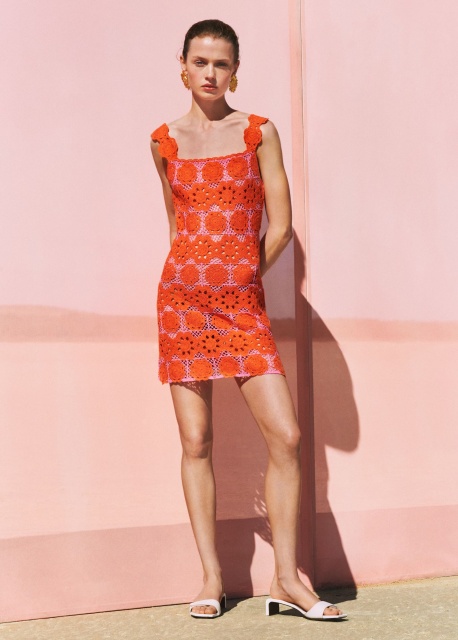 Custom Design Retro Floral Crochet Mini Dress in Tangerine and Fuchsia