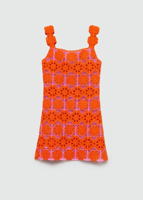 Custom Design Retro Floral Crochet Mini Dress in Tangerine and Fuchsia