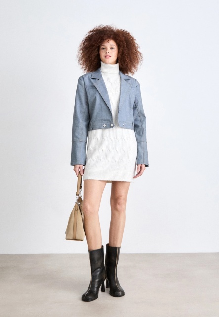 Custom Design White Cable Knit Turtleneck Sweater Dress