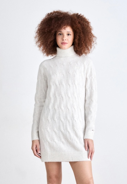 Custom Design White Cable Knit Turtleneck Sweater Dress