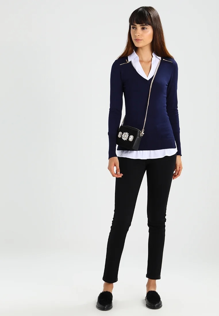 Factory Direct Navy V-Neck Sweater with Zipper Detail