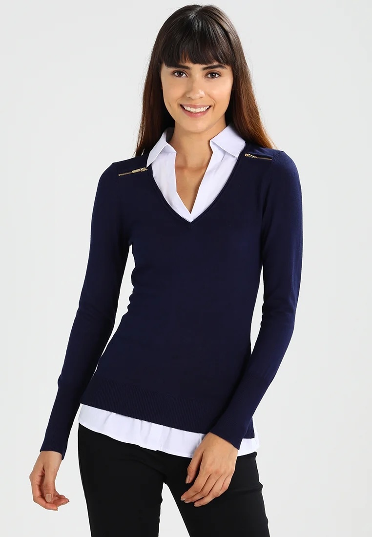 Factory Direct Navy V-Neck Sweater with Zipper Detail