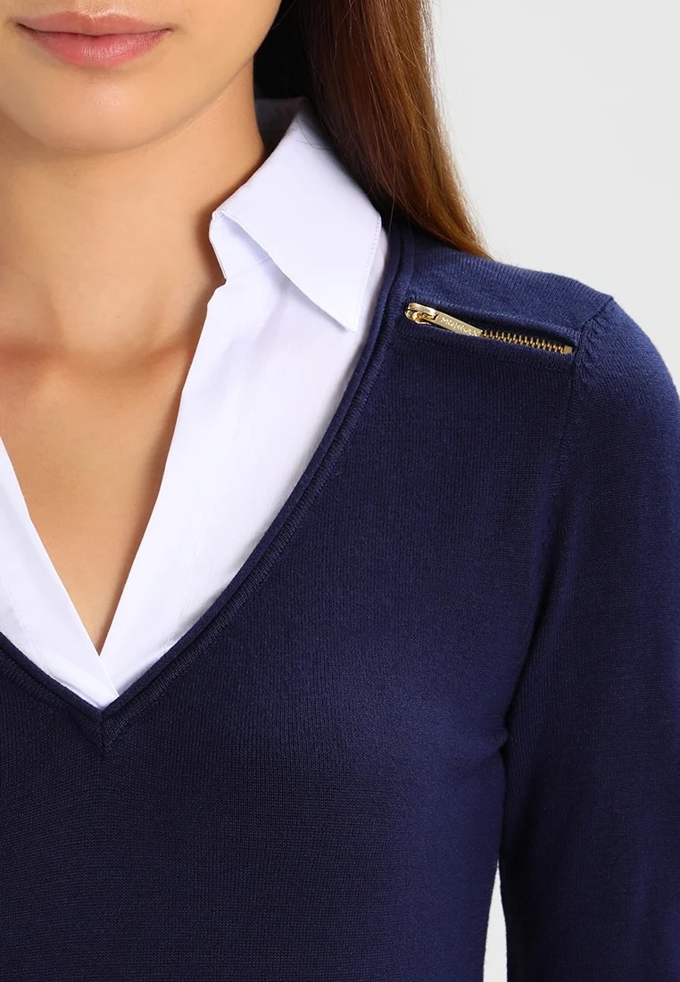 Factory Direct Navy V-Neck Sweater with Zipper Detail