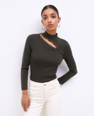 Customized Women's Elegant Pearl Detail Turtleneck Top