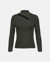 Customized Women's Elegant Pearl Detail Turtleneck Top