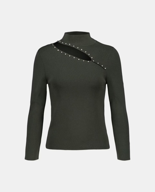 Customized Women's Elegant Pearl Detail Turtleneck Top