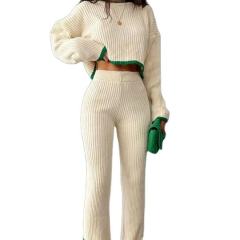 OEM ODM Women’s 2-Piece Ribbed Knit Set – Cream with Green Trim