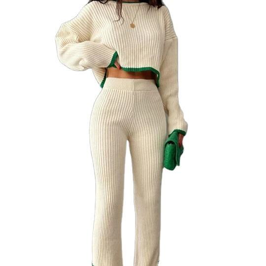 OEM ODM Women’s 2-Piece Ribbed Knit Set – Cream with Green Trim