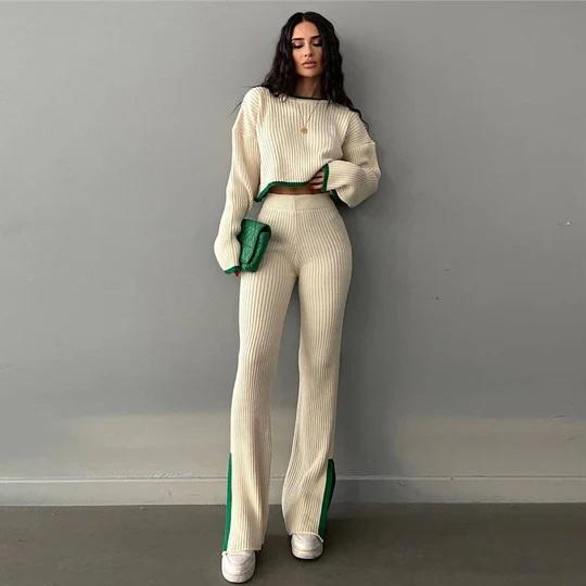 OEM ODM Women’s 2-Piece Ribbed Knit Set – Cream with Green Trim