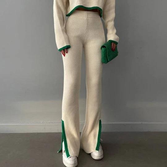 OEM ODM Women’s 2-Piece Ribbed Knit Set – Cream with Green Trim