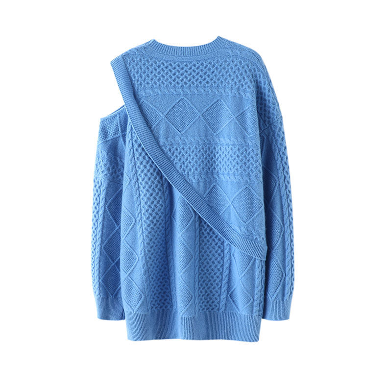 Wholesale Women’s Asymmetric Shoulder Cable Knit Sweater – Sky Blue