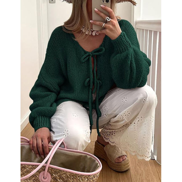 Factory Direct Women’s Green Knit Cardigan with Drawstring Tie Front