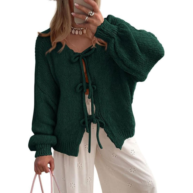 Factory Direct Women’s Green Knit Cardigan with Drawstring Tie Front