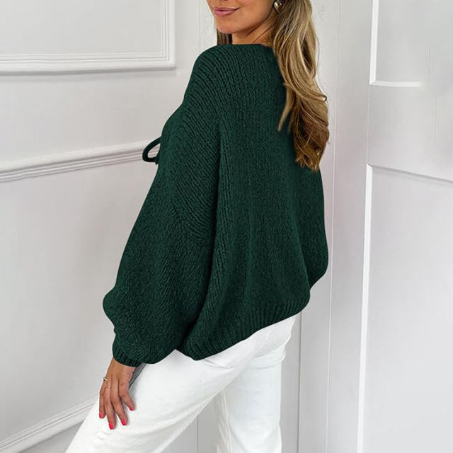 Factory Direct Women’s Green Knit Cardigan with Drawstring Tie Front