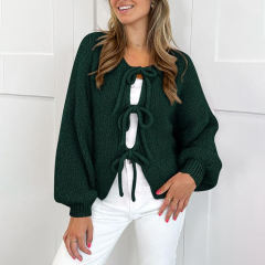 Factory Direct Women’s Green Knit Cardigan with Drawstring Tie Front