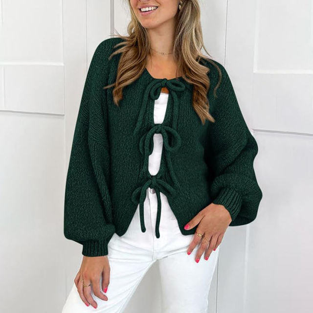 Factory Direct Women’s Green Knit Cardigan with Drawstring Tie Front