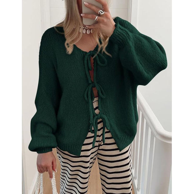 Factory Direct Women’s Green Knit Cardigan with Drawstring Tie Front