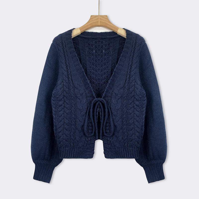 Customized Navy Blue Cable Knit Tie-Front Cardigan
