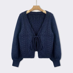 Customized Navy Blue Cable Knit Tie-Front Cardigan