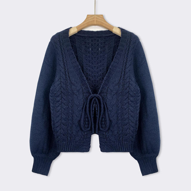 Customized Navy Blue Cable Knit Tie-Front Cardigan
