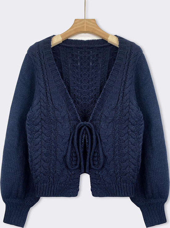 Customized Navy Blue Cable Knit Tie-Front Cardigan