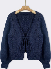 Customized Navy Blue Cable Knit Tie-Front Cardigan