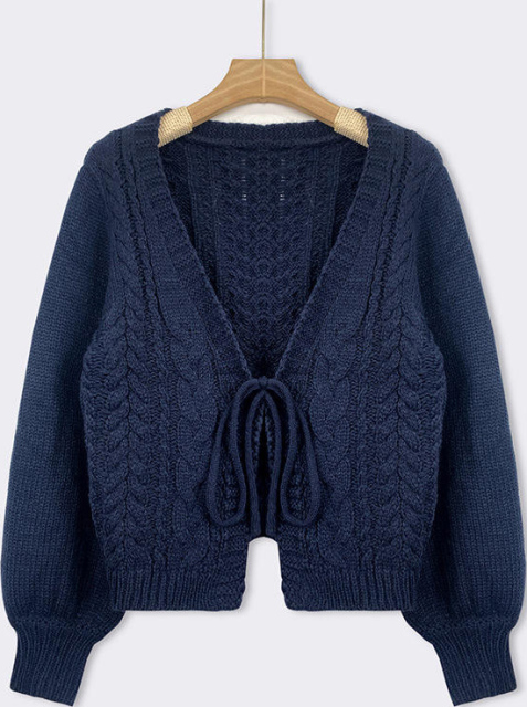 Customized Navy Blue Cable Knit Tie-Front Cardigan
