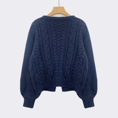 Customized Navy Blue Cable Knit Tie-Front Cardigan