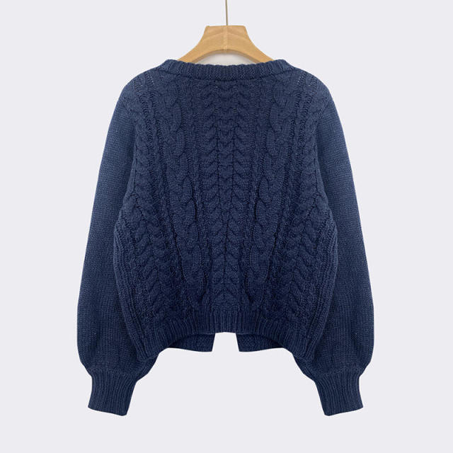 Customized Navy Blue Cable Knit Tie-Front Cardigan