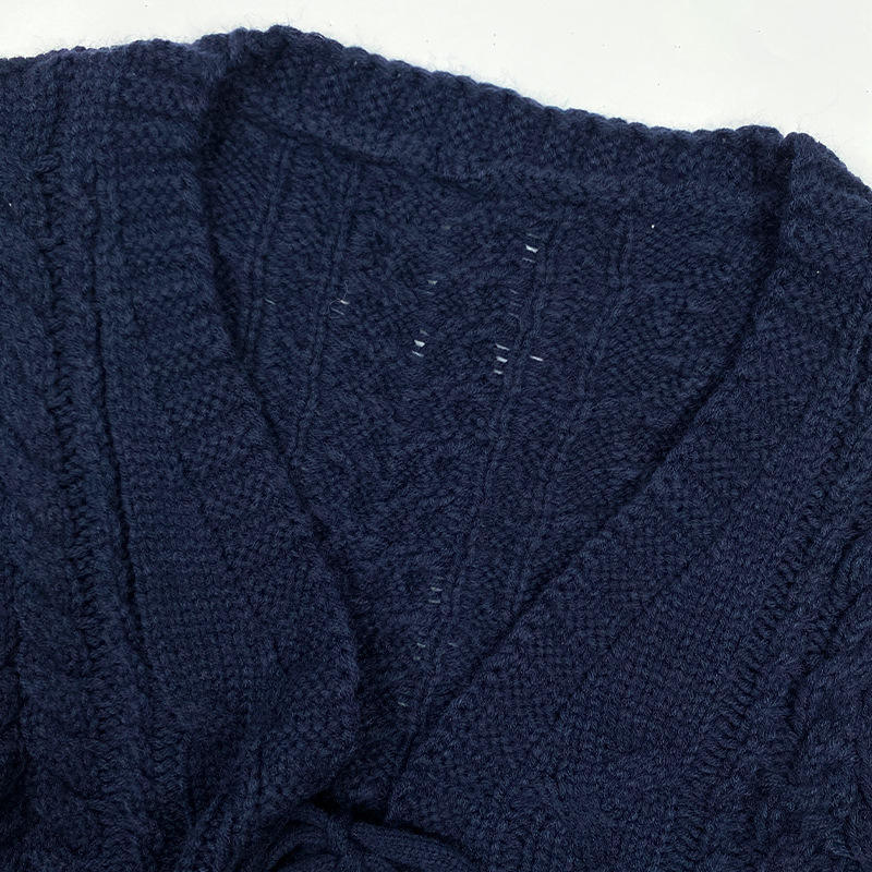 Customized Navy Blue Cable Knit Tie-Front Cardigan