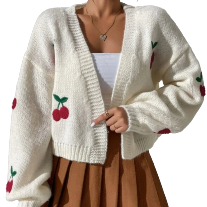 Made-to-order Women’s Cream Cherry Embroidered Knit Cardigan