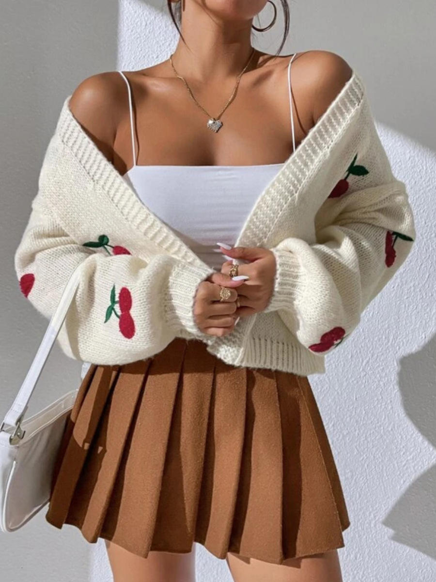 Made-to-order Women’s Cream Cherry Embroidered Knit Cardigan