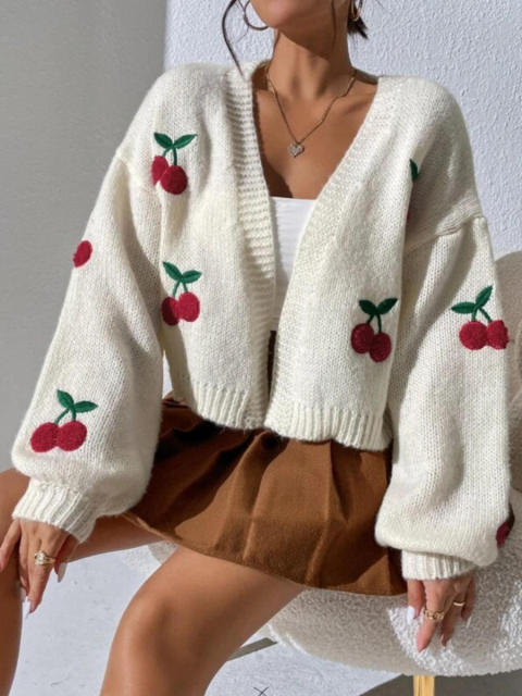 Made-to-order Women’s Cream Cherry Embroidered Knit Cardigan