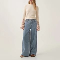 Personalized Women’s Cream Bell Sleeve Knit Sweater with Lace Cut-Out Detailing
